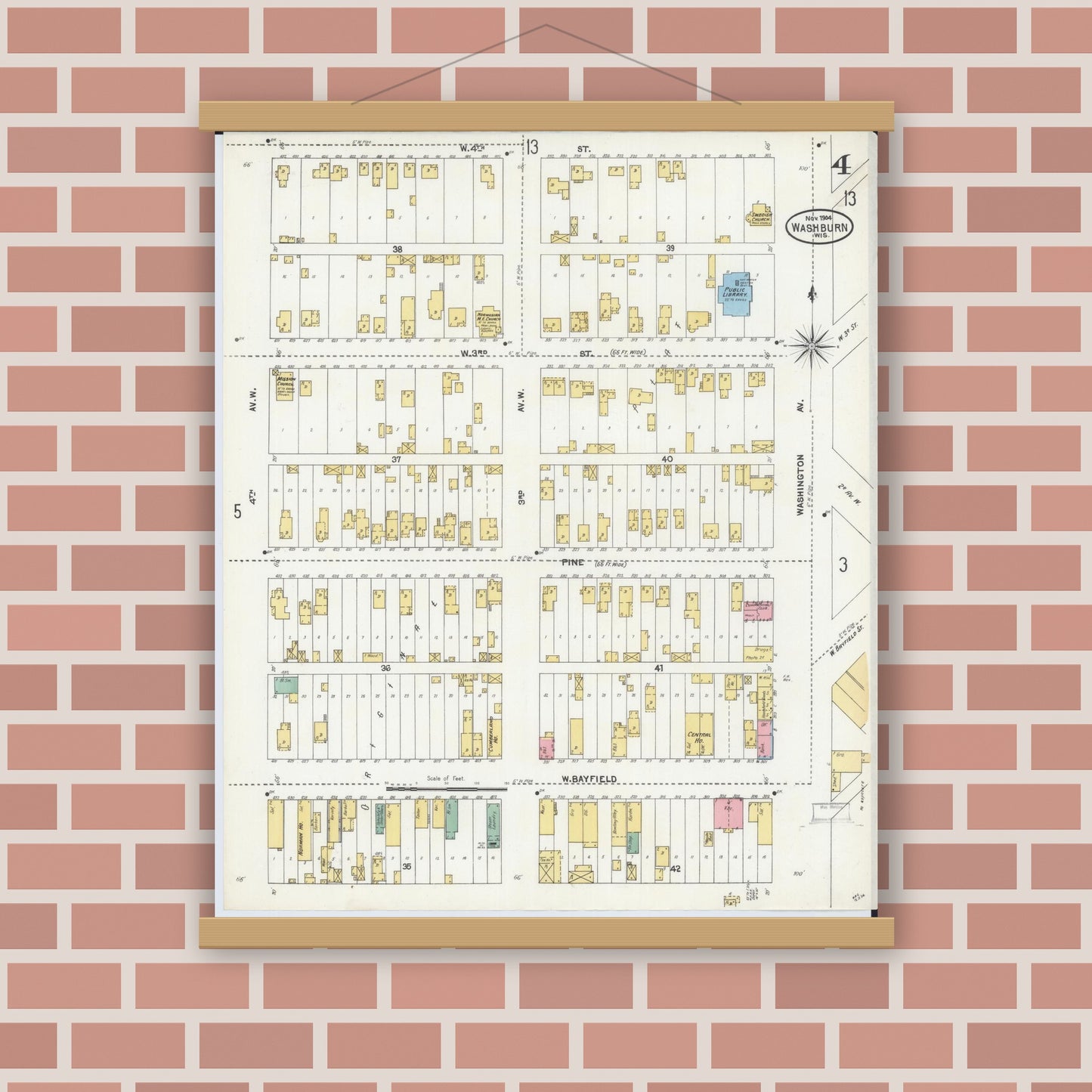 Old map wall art mockup — magnetic wood frame on brick wall — Sanborn Fire Insurance Map from Washburn, Bayfield County, Wisconsin (1904), Sheet #0004