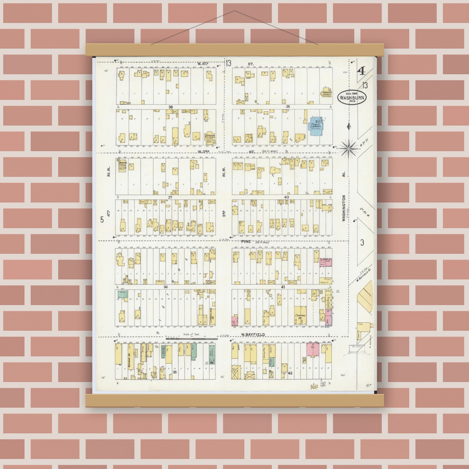 Old map wall art mockup — magnetic wood frame on brick wall — Sanborn Fire Insurance Map from Washburn, Bayfield County, Wisconsin (1904), Sheet #0004