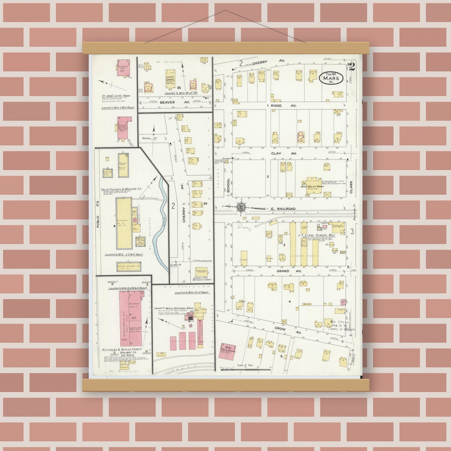 Old map wall art mockup — magnetic wood frame on brick wall — Sanborn Fire Insurance Map from Mars, Butler County, Pennsylvania (1911), Sheet #0002