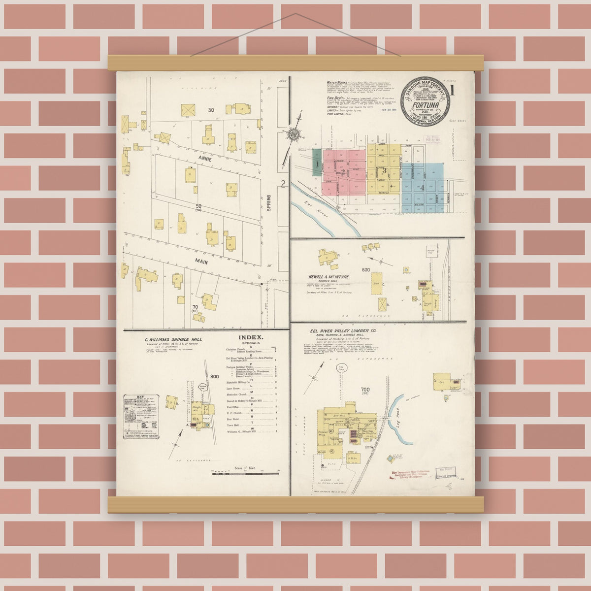 Old map wall art mockup — magnetic wood frame on brick wall — Sanborn Fire Insurance Map from Fortuna, Humboldt County, California (1911) - Complete Map Set