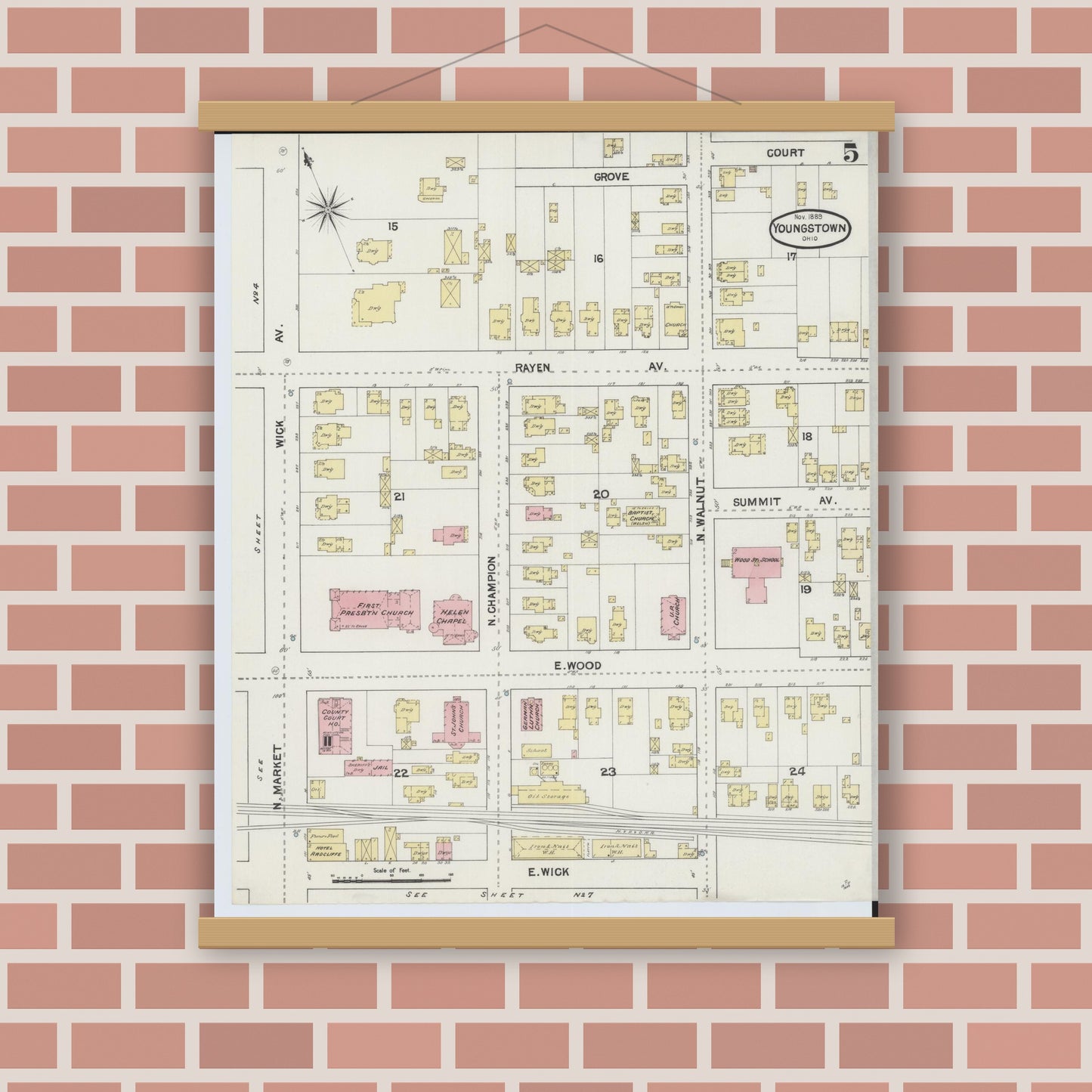 Old map wall art mockup — magnetic wood frame on brick wall — Sanborn Fire Insurance Map from Youngstown, Mahoning County, Ohio (1889), Sheet #0005