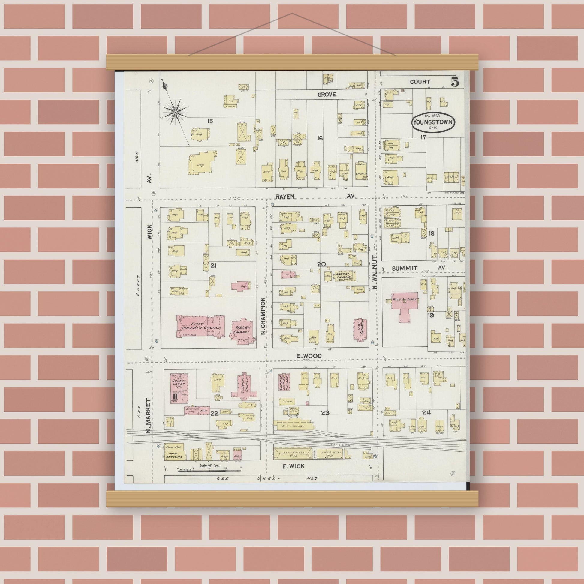 Old map wall art mockup — magnetic wood frame on brick wall — Sanborn Fire Insurance Map from Youngstown, Mahoning County, Ohio (1889), Sheet #0005