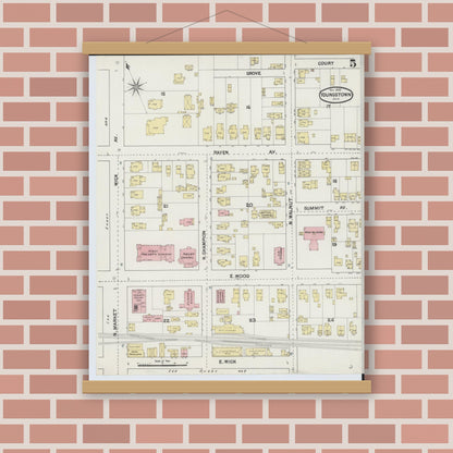 Old map wall art mockup — magnetic wood frame on brick wall — Sanborn Fire Insurance Map from Youngstown, Mahoning County, Ohio (1889), Sheet #0005