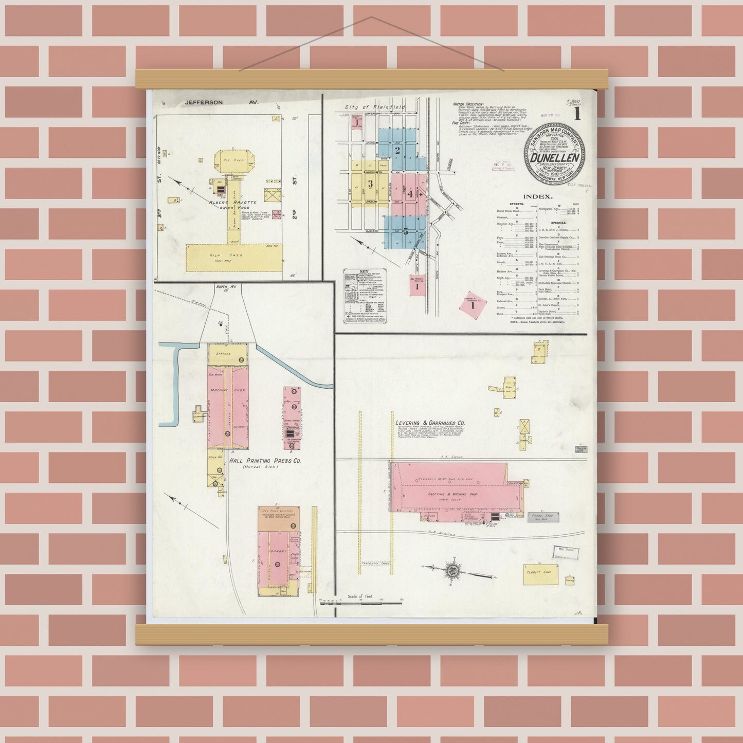 Old map wall art mockup — magnetic wood frame on brick wall — Sanborn Fire Insurance Map from Dunellen, Middlesex County, New Jersey (1910), Sheet #0001