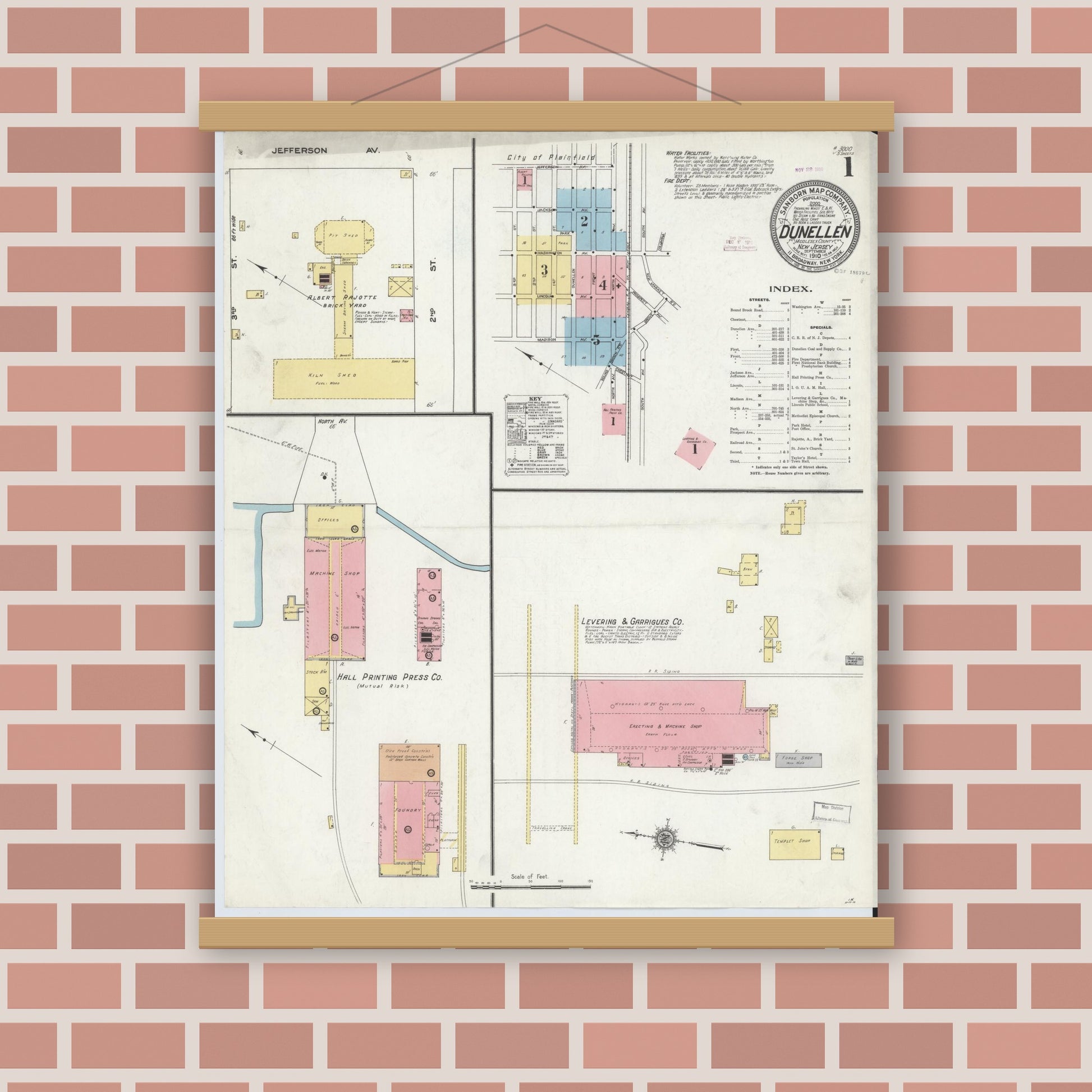 Old map wall art mockup — magnetic wood frame on brick wall — Sanborn Fire Insurance Map from Dunellen, Middlesex County, New Jersey (1910), Sheet #0001