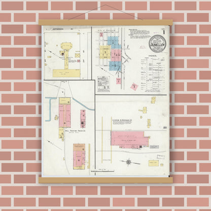 Old map wall art mockup — magnetic wood frame on brick wall — Sanborn Fire Insurance Map from Dunellen, Middlesex County, New Jersey (1910), Sheet #0001