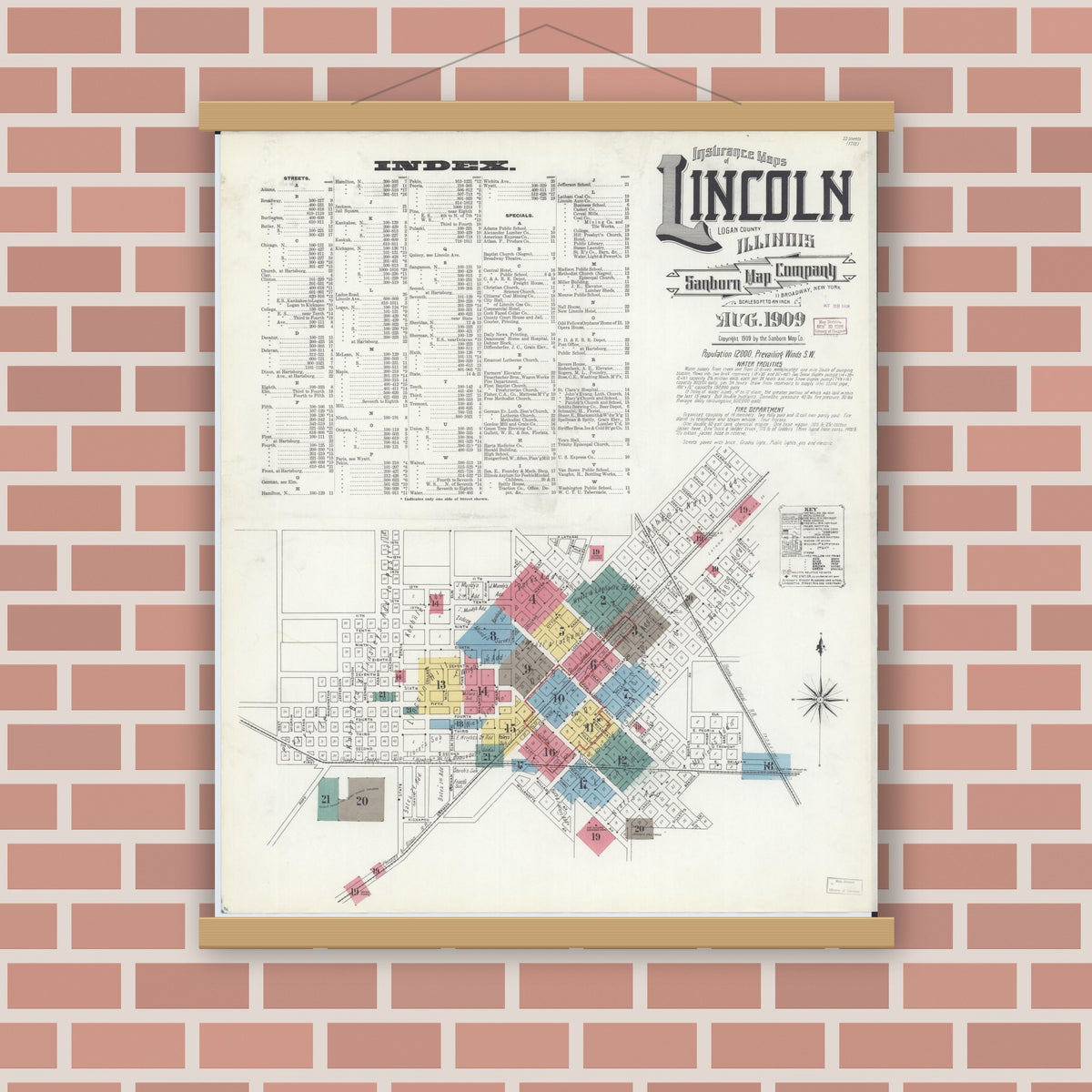 Old map wall art mockup — magnetic wood frame on brick wall — Sanborn Fire Insurance Map from Lincoln, Logan County, Illinois (1909) - Complete Map Set