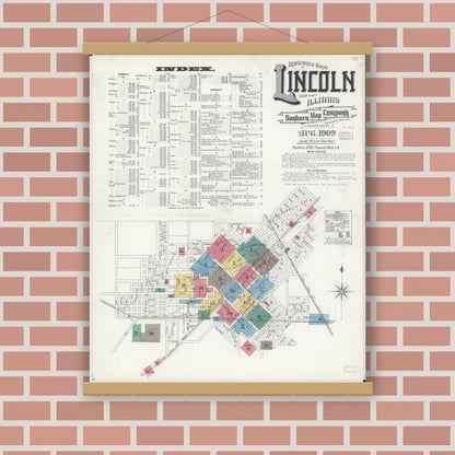 Old map wall art mockup — magnetic wood frame on brick wall — Sanborn Fire Insurance Map from Lincoln, Logan County, Illinois (1909) - Complete Map Set