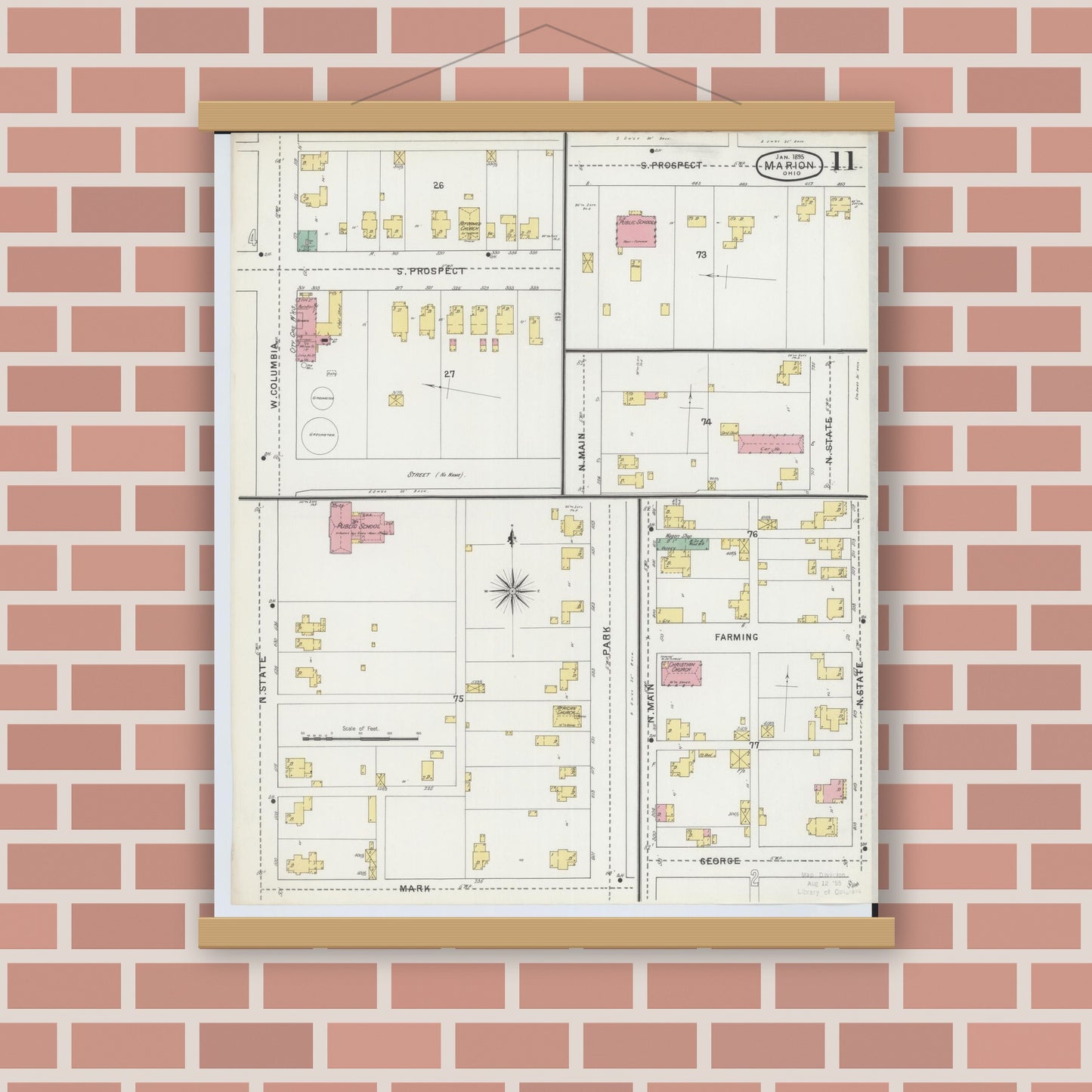 Old map wall art mockup — magnetic wood frame on brick wall — Sanborn Fire Insurance Map from Marion, Marion County, Ohio (1895), Sheet #0011