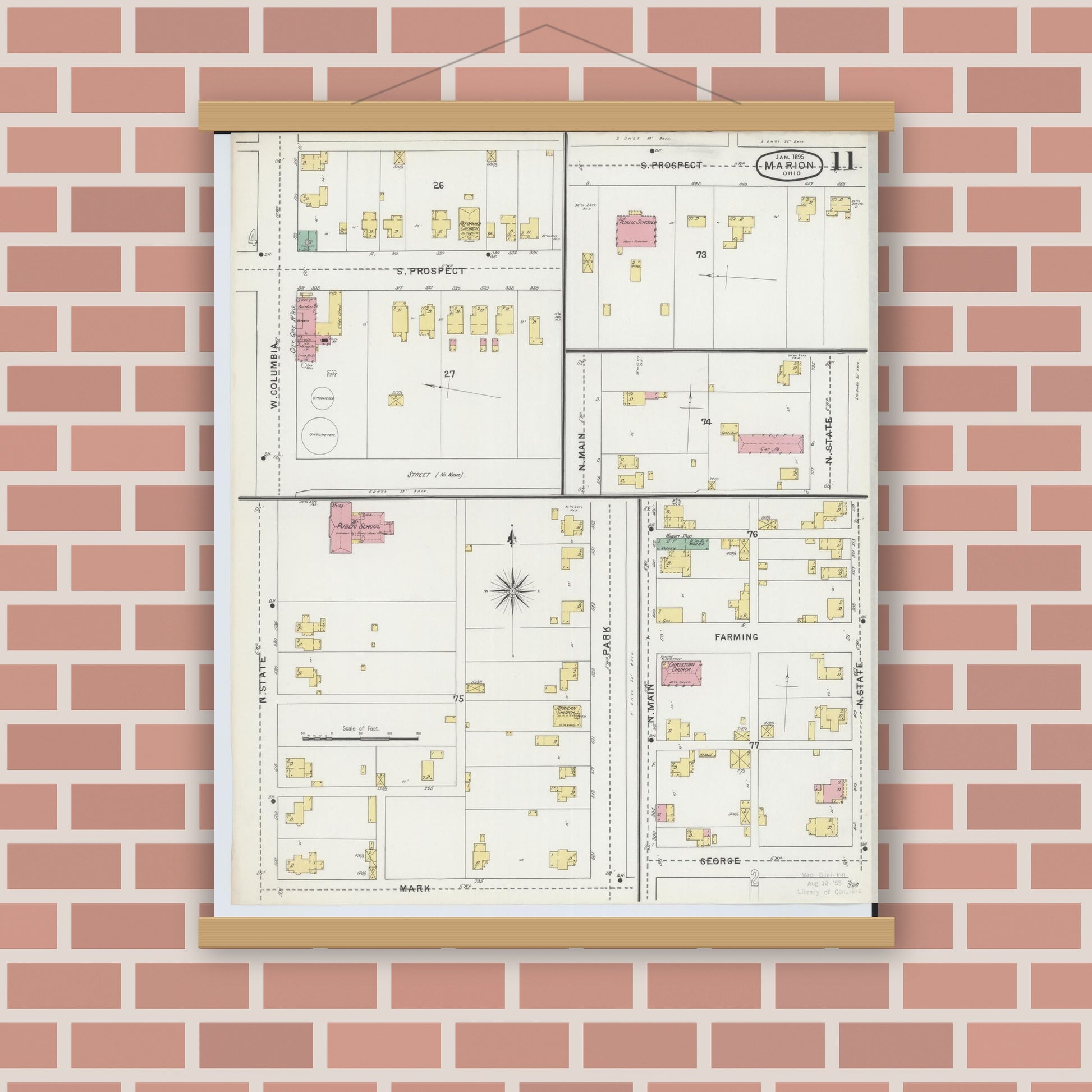 Old map wall art mockup — magnetic wood frame on brick wall — Sanborn Fire Insurance Map from Marion, Marion County, Ohio (1895), Sheet #0011