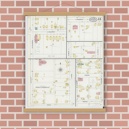 Old map wall art mockup — magnetic wood frame on brick wall — Sanborn Fire Insurance Map from Marion, Marion County, Ohio (1895), Sheet #0011
