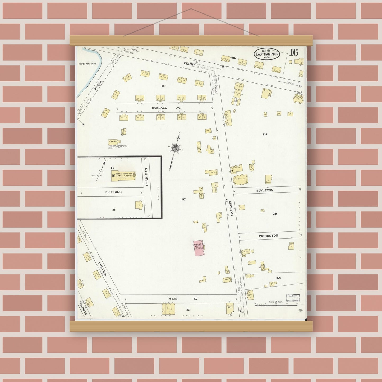 Old map wall art mockup — magnetic wood frame on brick wall — Sanborn Fire Insurance Map from East Hampton, Hampshire County, Massachusetts (1910), Sheet #0016