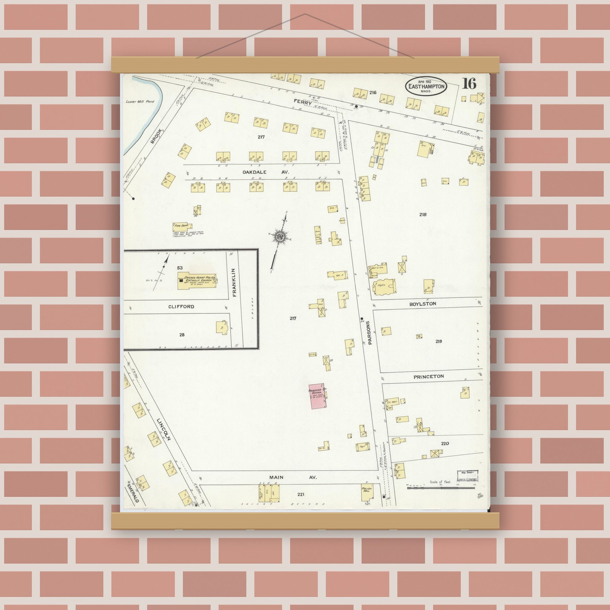 Old map wall art mockup — magnetic wood frame on brick wall — Sanborn Fire Insurance Map from East Hampton, Hampshire County, Massachusetts (1910), Sheet #0016