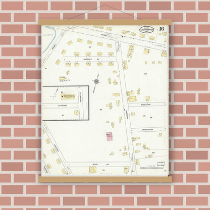 Old map wall art mockup — magnetic wood frame on brick wall — Sanborn Fire Insurance Map from East Hampton, Hampshire County, Massachusetts (1910), Sheet #0016