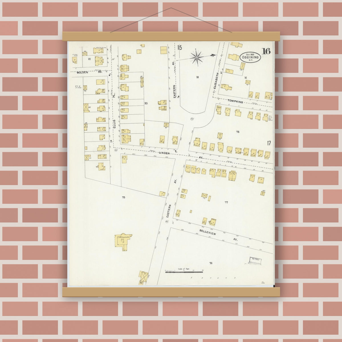 Old map wall art mockup — magnetic wood frame on brick wall — Sanborn Fire Insurance Map from Ossining, Westchester County, New York (1903), Sheet #0016