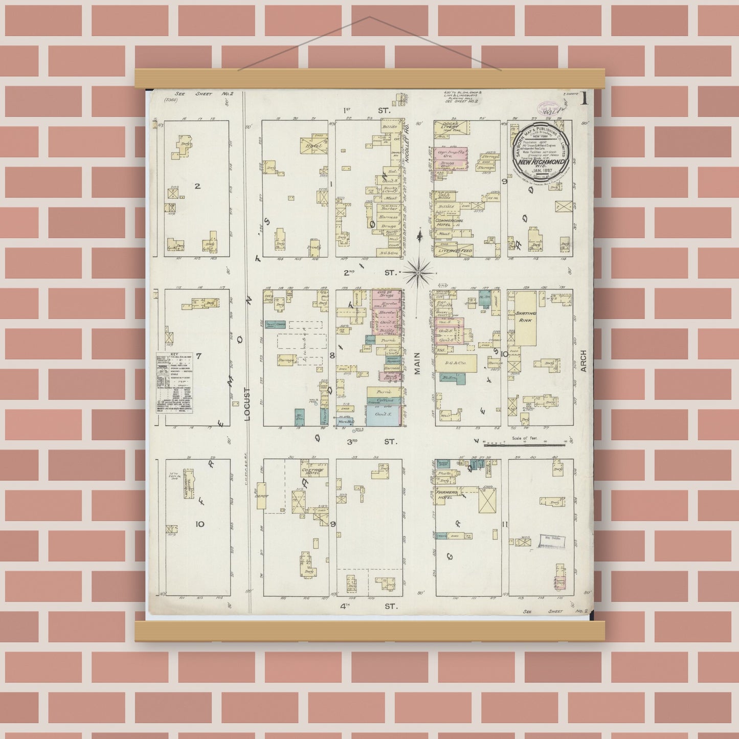Old map wall art mockup — magnetic wood frame on brick wall — Sanborn Fire Insurance Map from New Richmond, St. Croix County, Wisconsin (1887) - Complete Map Set