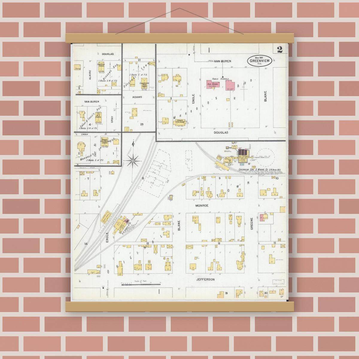 Old map wall art mockup — magnetic wood frame on brick wall — Sanborn Fire Insurance Map from Greenview, Menard County, Illinois (1901), Sheet #0002