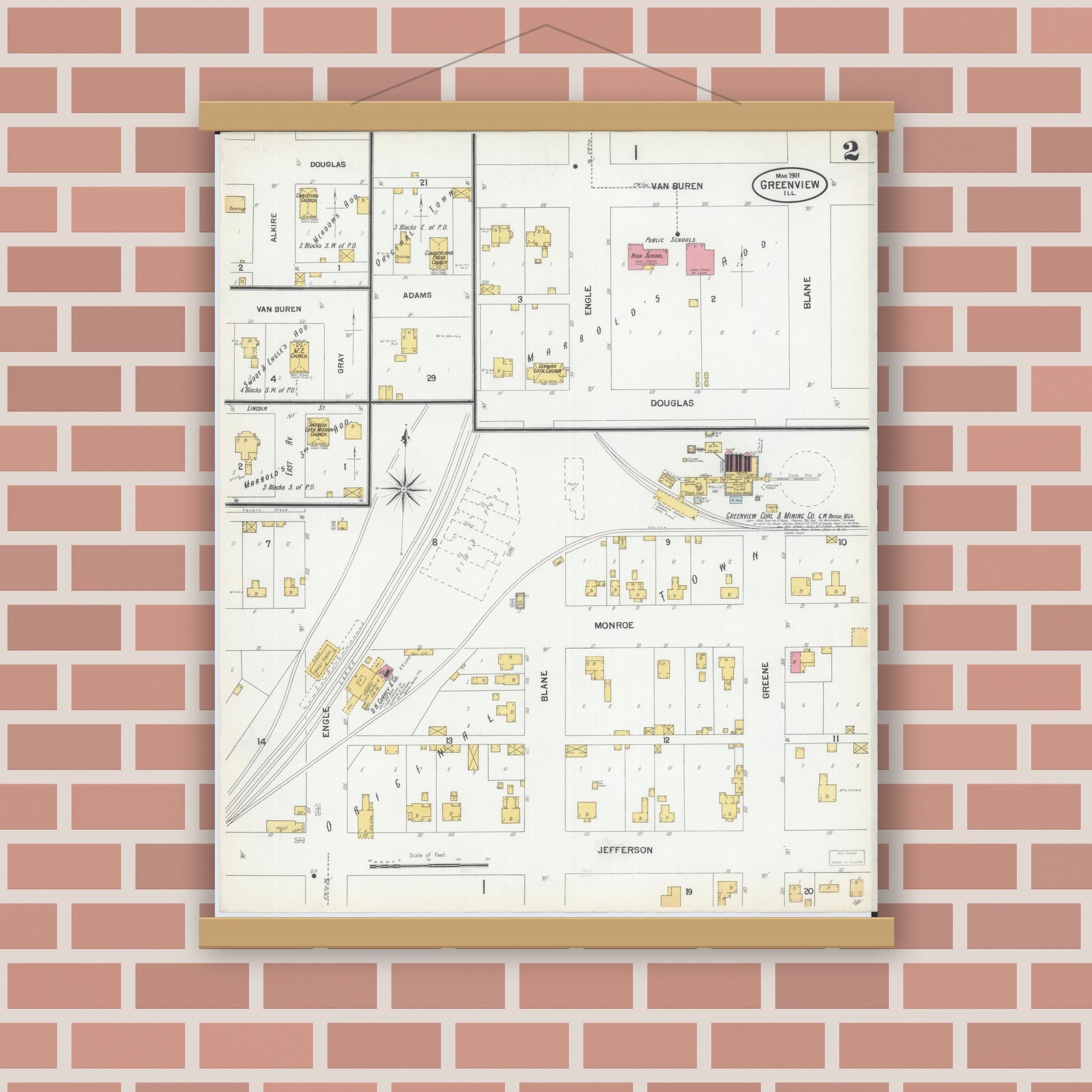 Old map wall art mockup — magnetic wood frame on brick wall — Sanborn Fire Insurance Map from Greenview, Menard County, Illinois (1901), Sheet #0002