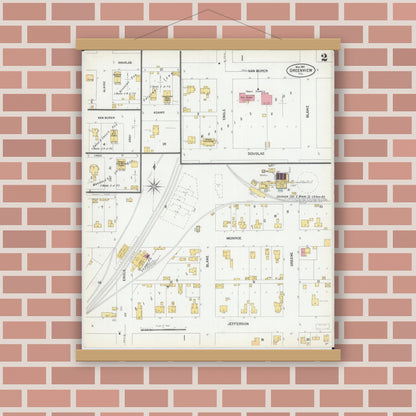 Old map wall art mockup — magnetic wood frame on brick wall — Sanborn Fire Insurance Map from Greenview, Menard County, Illinois (1901), Sheet #0002