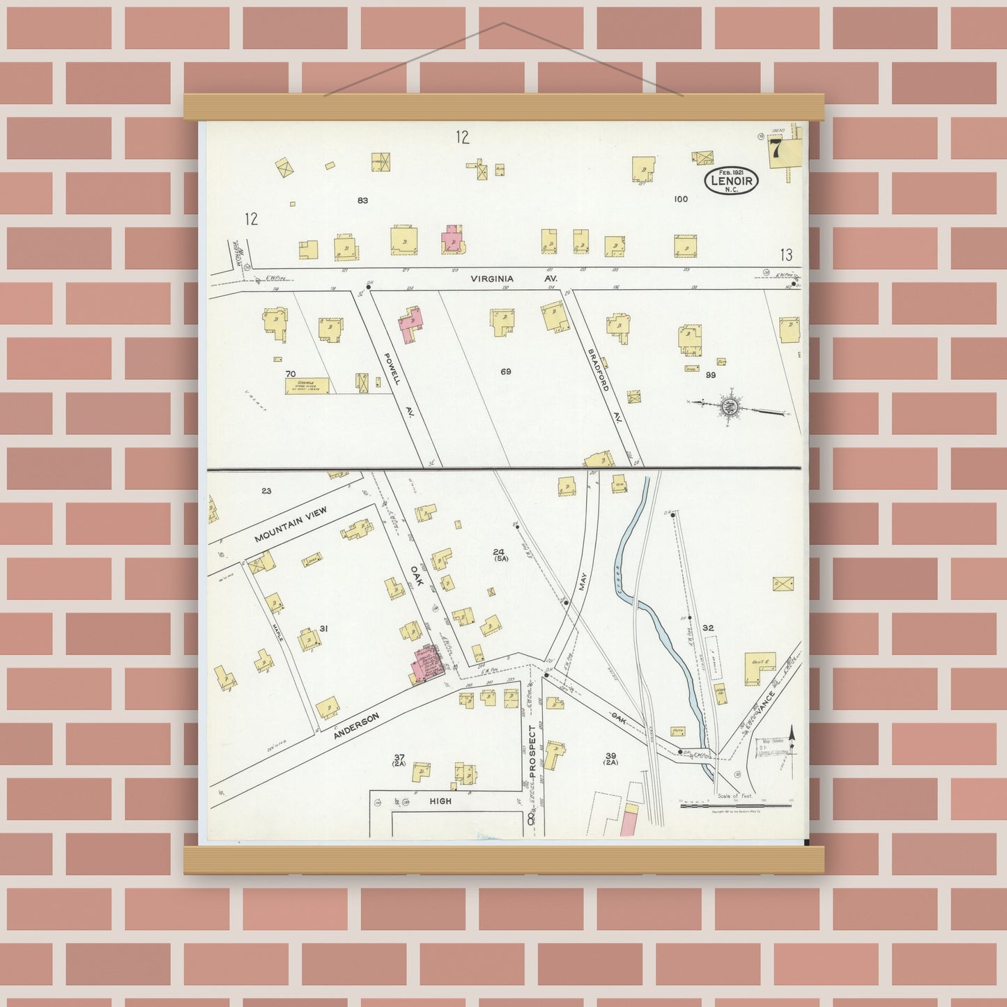 Old map wall art mockup — magnetic wood frame on brick wall — Sanborn Fire Insurance Map from Lenoir, Caldwell County, North Carolina (1921), Sheet #0007