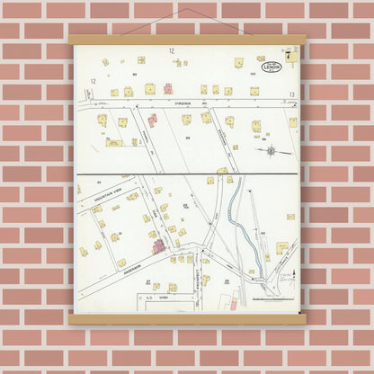 Old map wall art mockup — magnetic wood frame on brick wall — Sanborn Fire Insurance Map from Lenoir, Caldwell County, North Carolina (1921), Sheet #0007