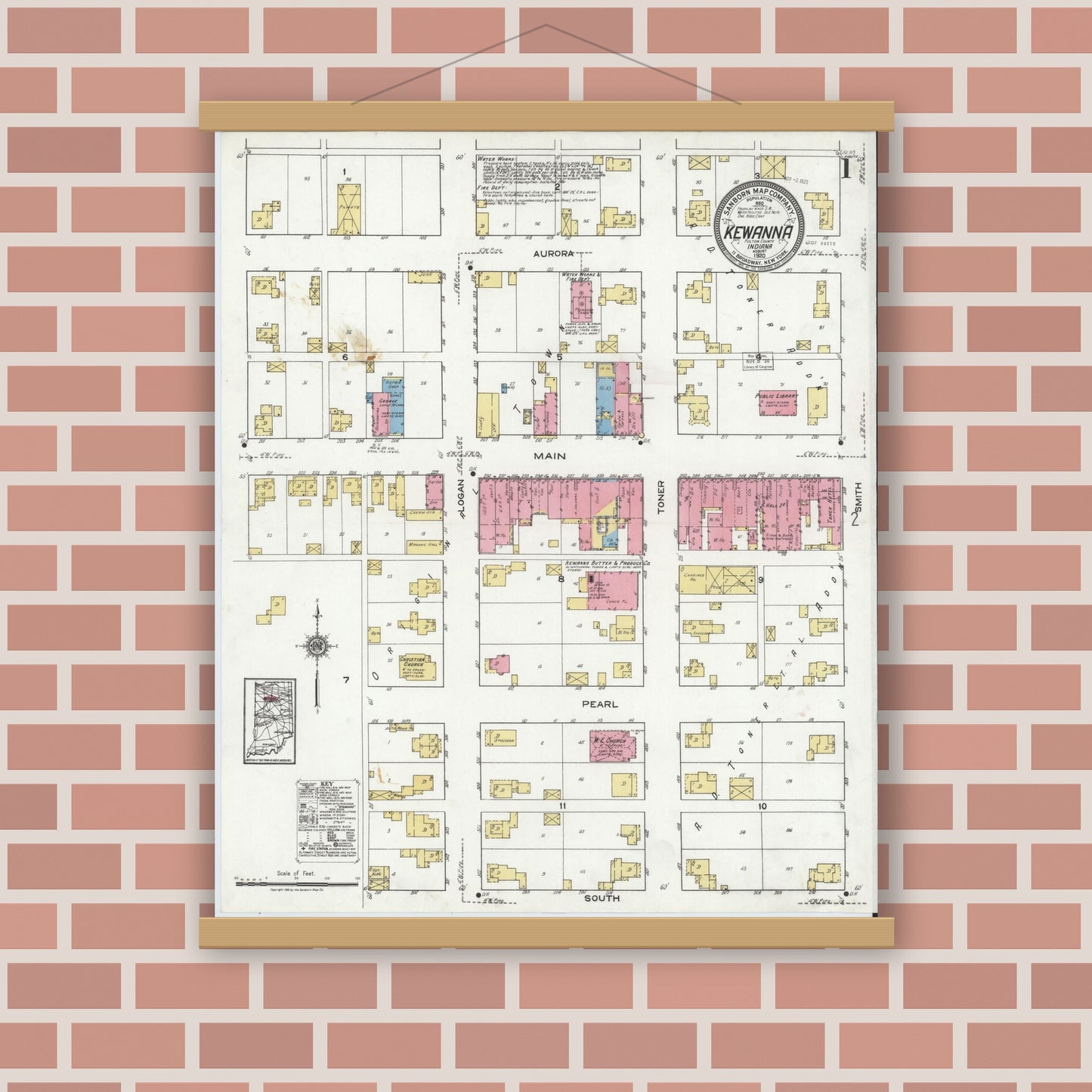 Old map wall art mockup — magnetic wood frame on brick wall — Sanborn Fire Insurance Map from Kewanna, Fulton County, Indiana (1920) - Complete Map Set