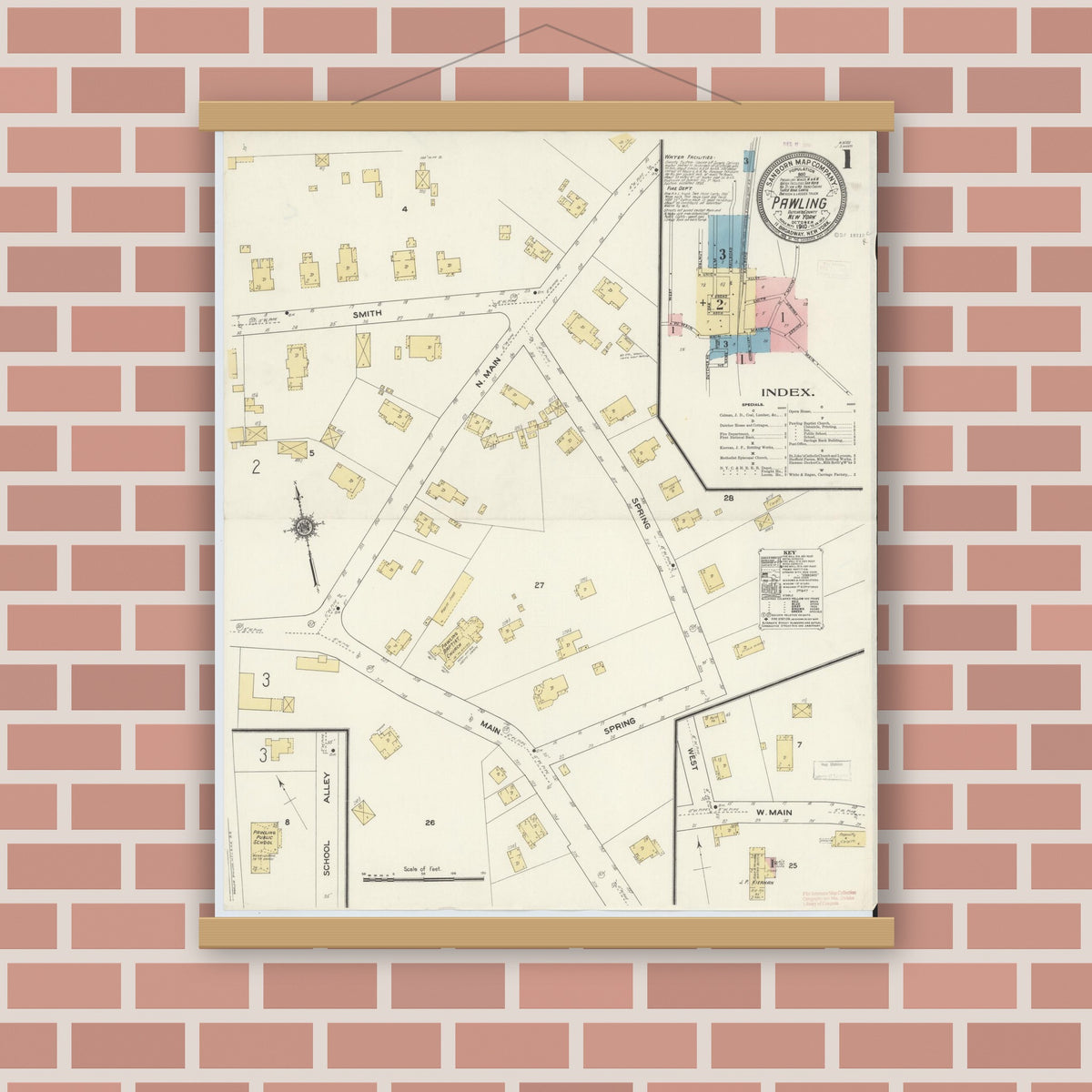 Old map wall art mockup — magnetic wood frame on brick wall — Sanborn Fire Insurance Map from Pawling, Dutchess County, New York (1910) - Complete Map Set