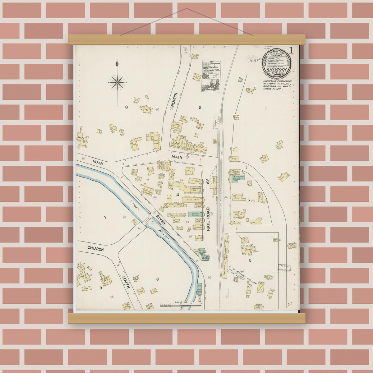 Old map wall art mockup — magnetic wood frame on brick wall — Sanborn Fire Insurance Map from Katonah, Westchester County, New York (1890), Sheet #0001