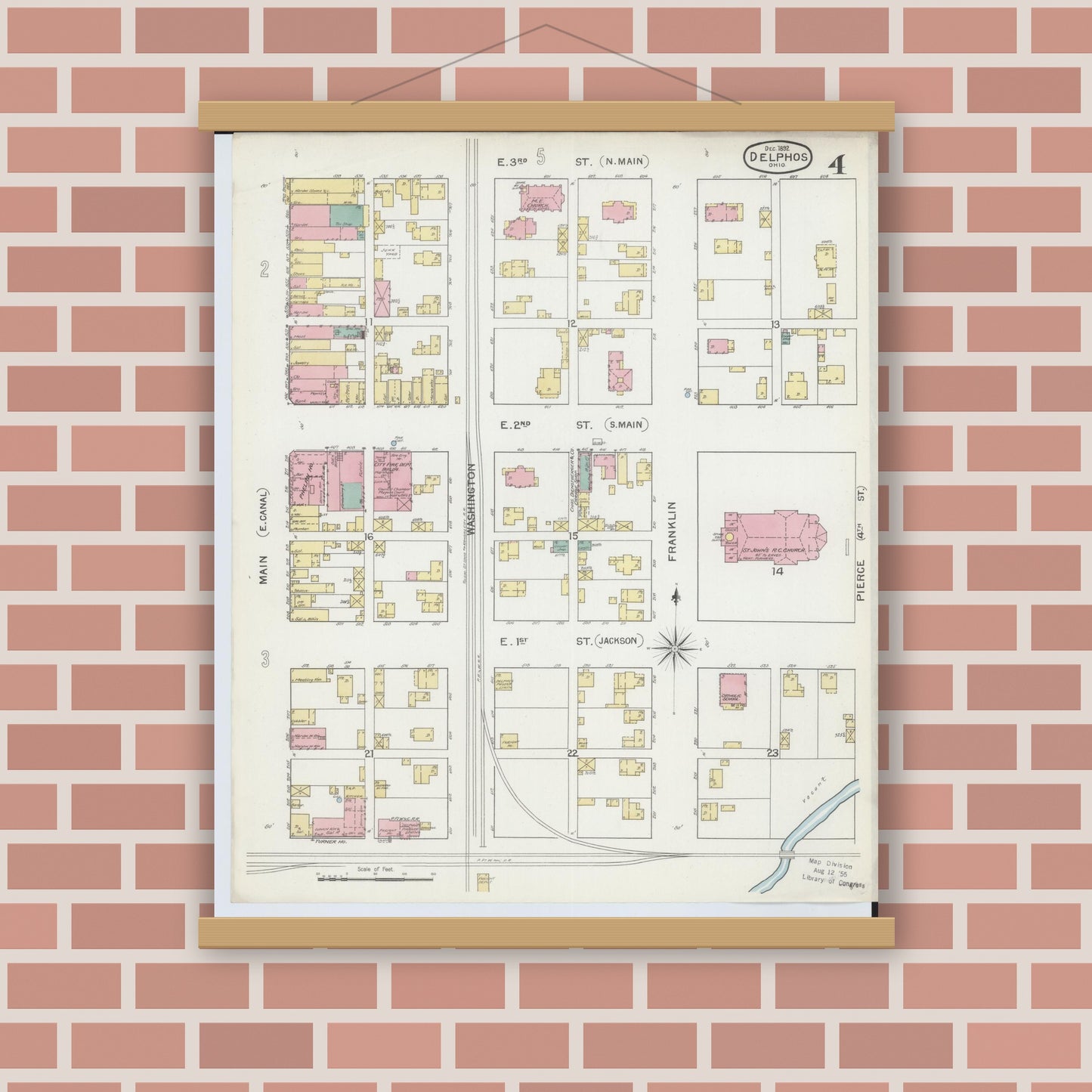 Old map wall art mockup — magnetic wood frame on brick wall — Sanborn Fire Insurance Map from Delphos, Van Wert And Allen Counties, Ohio (1892), Sheet #0004