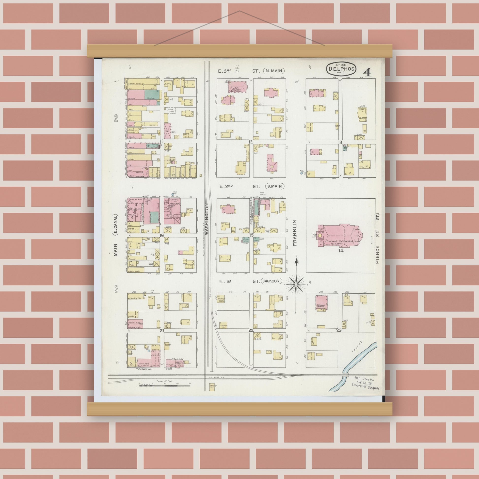 Old map wall art mockup — magnetic wood frame on brick wall — Sanborn Fire Insurance Map from Delphos, Van Wert And Allen Counties, Ohio (1892), Sheet #0004