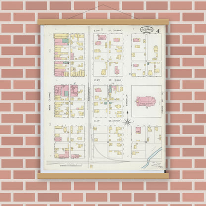 Old map wall art mockup — magnetic wood frame on brick wall — Sanborn Fire Insurance Map from Delphos, Van Wert And Allen Counties, Ohio (1892), Sheet #0004