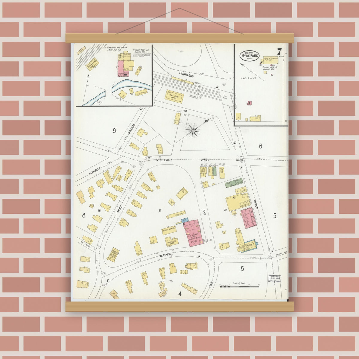 Old map wall art mockup — magnetic wood frame on brick wall — Sanborn Fire Insurance Map from Hyde Park, Norfolk County, Massachusetts (1900), Sheet #0007