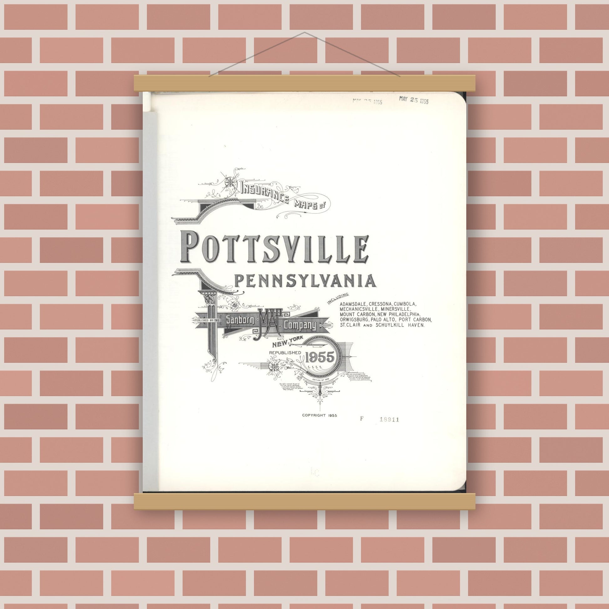 Old map wall art mockup — magnetic wood frame on brick wall — Sanborn Fire Insurance Map from Pottsville, Schuylkill County, Pennsylvania (1955), Sheet #0001