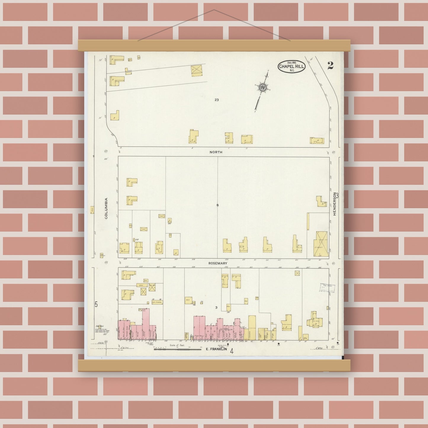 Old map wall art mockup — magnetic wood frame on brick wall — Sanborn Fire Insurance Map from Chapel Hill, Orange County, North Carolina (1915), Sheet #0002