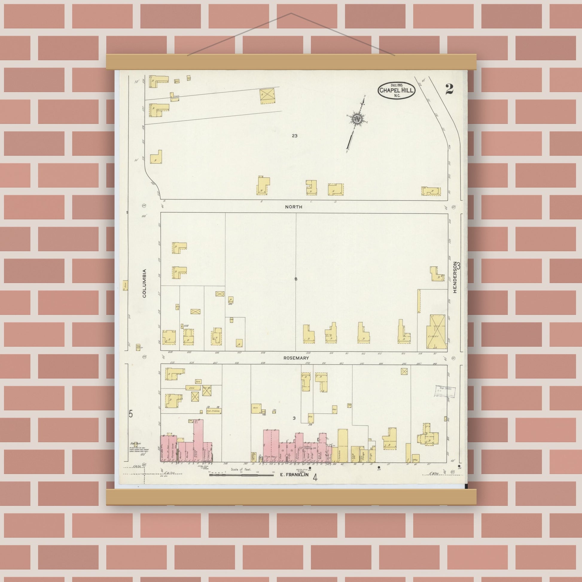 Old map wall art mockup — magnetic wood frame on brick wall — Sanborn Fire Insurance Map from Chapel Hill, Orange County, North Carolina (1915), Sheet #0002