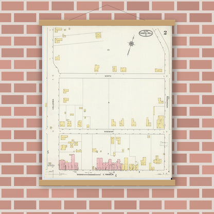 Old map wall art mockup — magnetic wood frame on brick wall — Sanborn Fire Insurance Map from Chapel Hill, Orange County, North Carolina (1915), Sheet #0002
