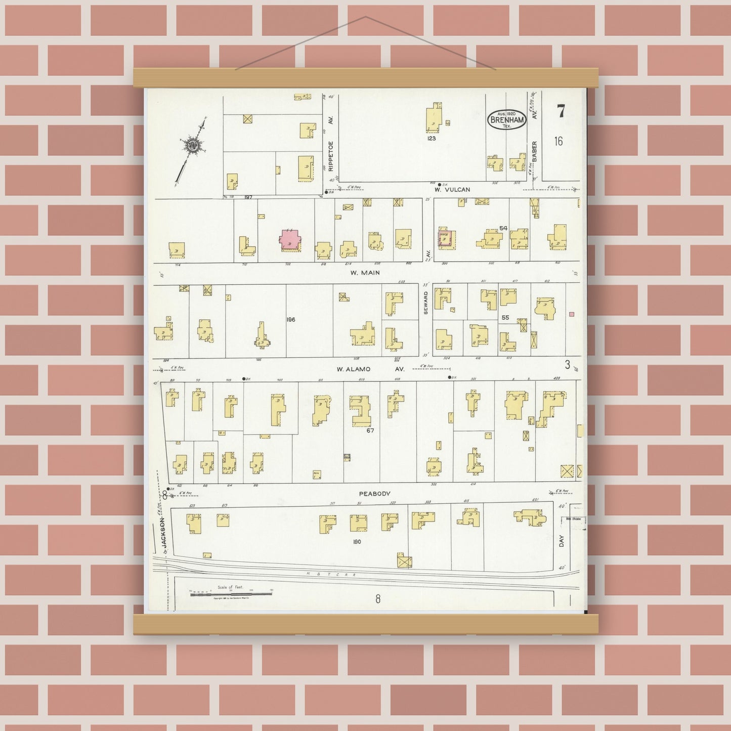 Old map wall art mockup — magnetic wood frame on brick wall — Sanborn Fire Insurance Map from Brenham, Washington County, Texas (1920), Sheet #0007
