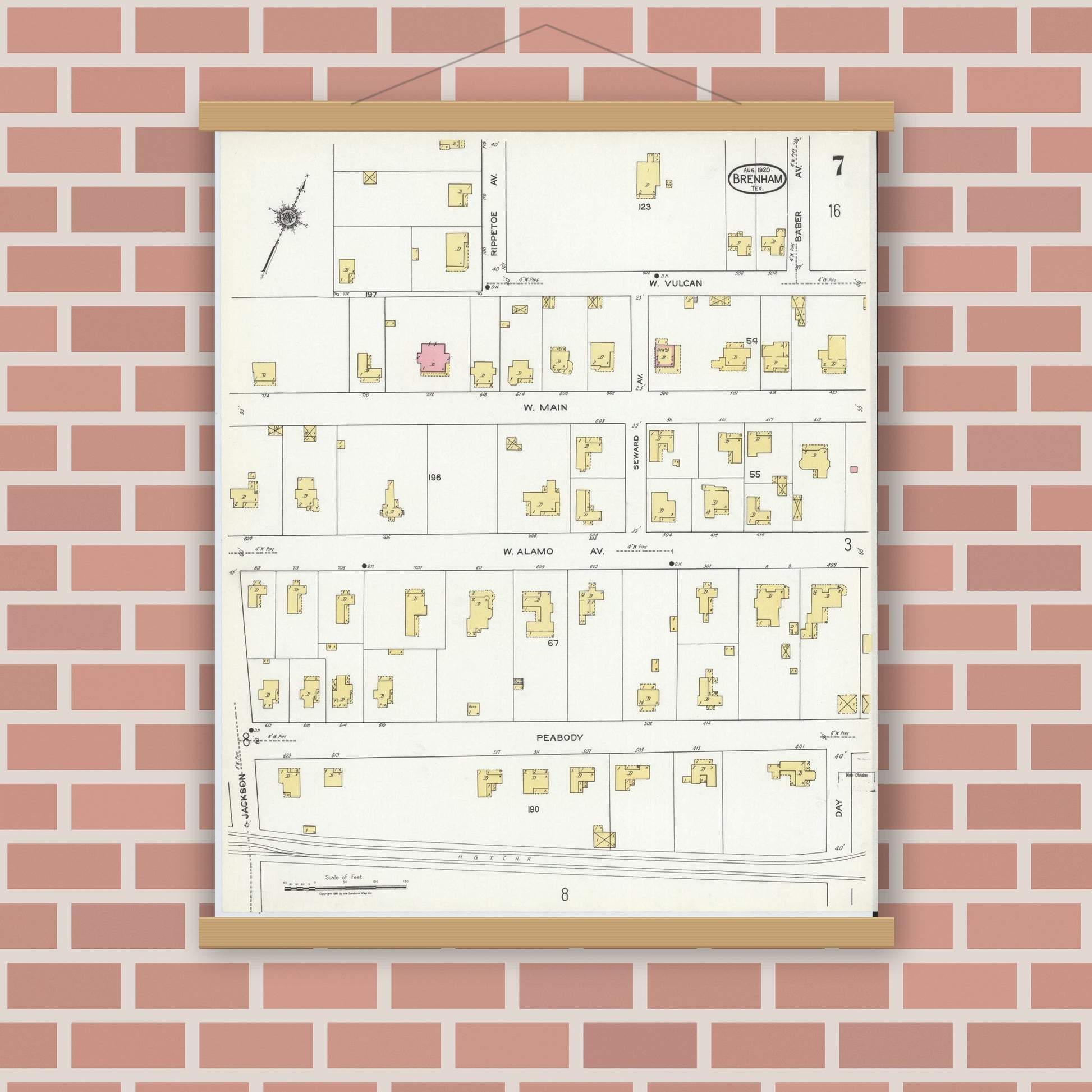 Old map wall art mockup — magnetic wood frame on brick wall — Sanborn Fire Insurance Map from Brenham, Washington County, Texas (1920), Sheet #0007
