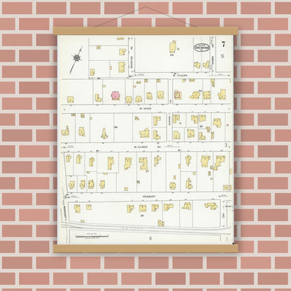 Old map wall art mockup — magnetic wood frame on brick wall — Sanborn Fire Insurance Map from Brenham, Washington County, Texas (1920), Sheet #0007