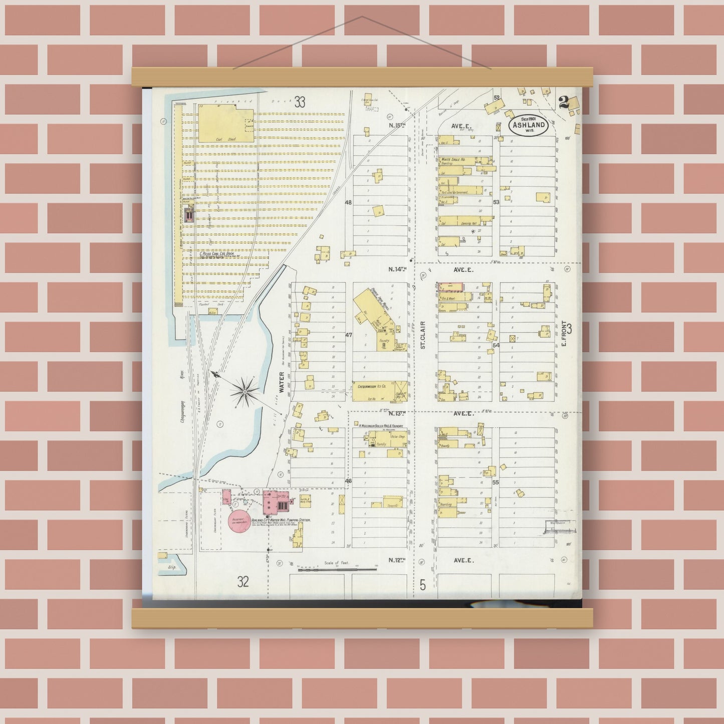 Old map wall art mockup — magnetic wood frame on brick wall — Sanborn Fire Insurance Map from Ashland, Ashland County, Wisconsin (1901), Sheet #0002
