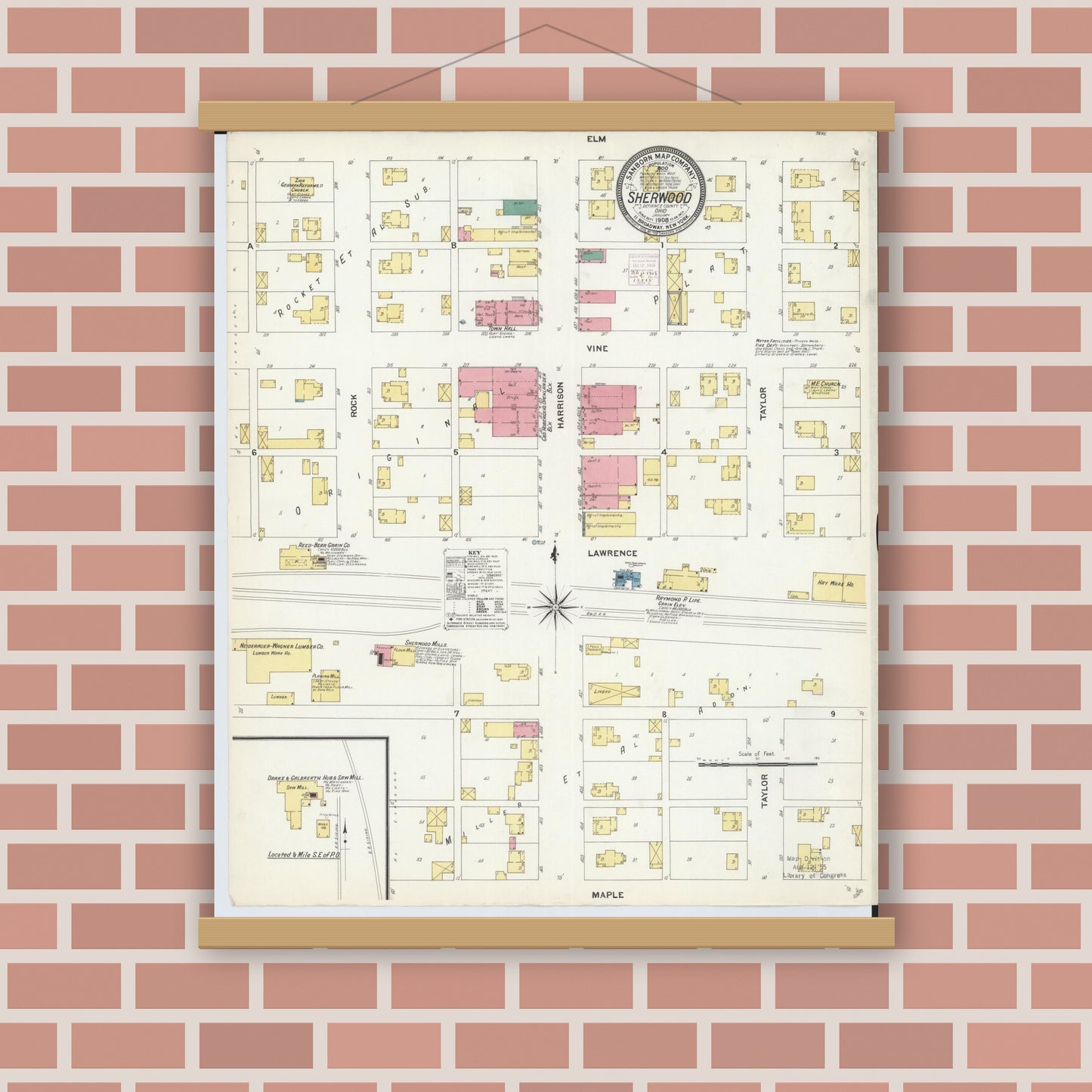 Old map wall art mockup — magnetic wood frame on brick wall — Sanborn Fire Insurance Map from Sherwood, Defiance County, Ohio (1908), Sheet #0001