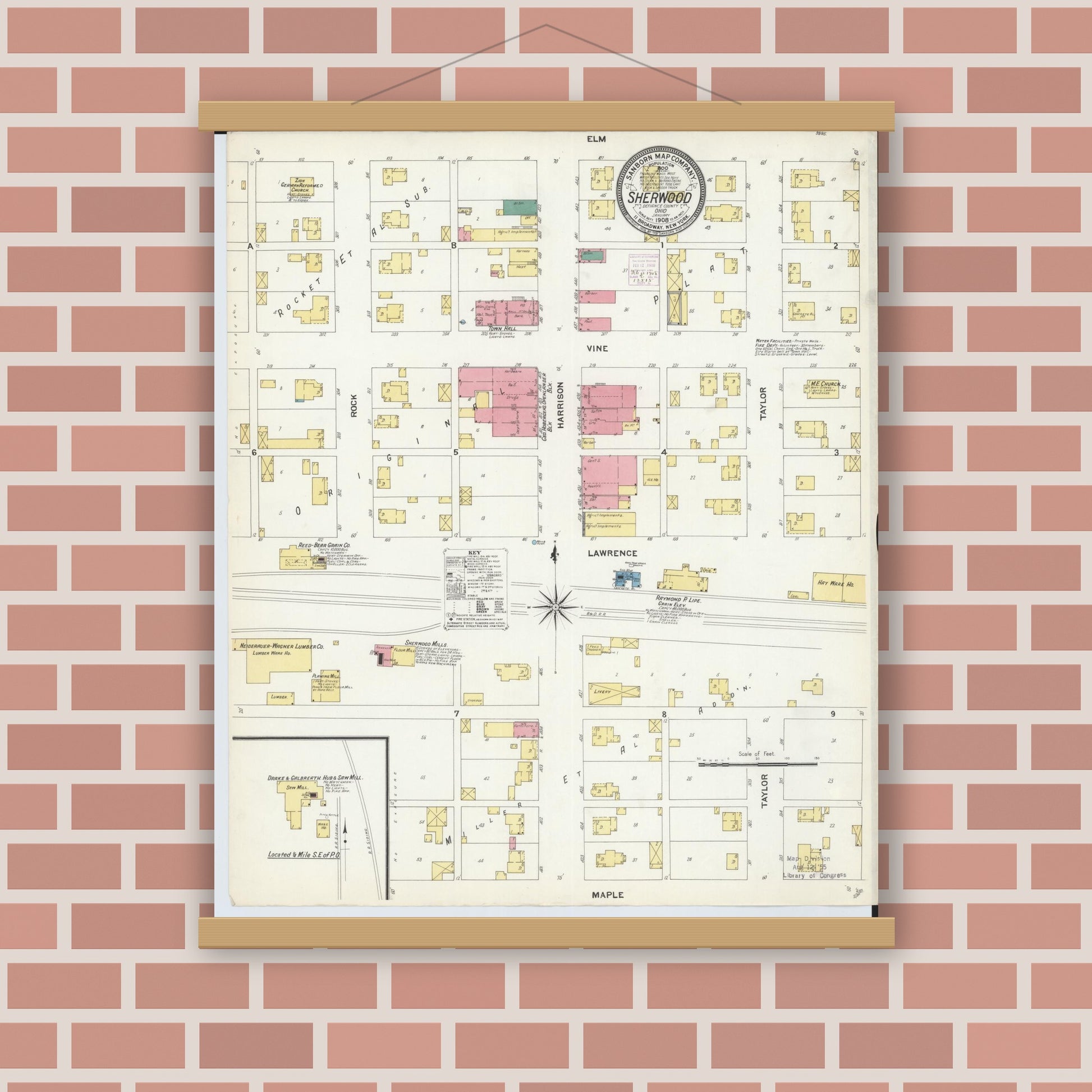 Old map wall art mockup — magnetic wood frame on brick wall — Sanborn Fire Insurance Map from Sherwood, Defiance County, Ohio (1908), Sheet #0001
