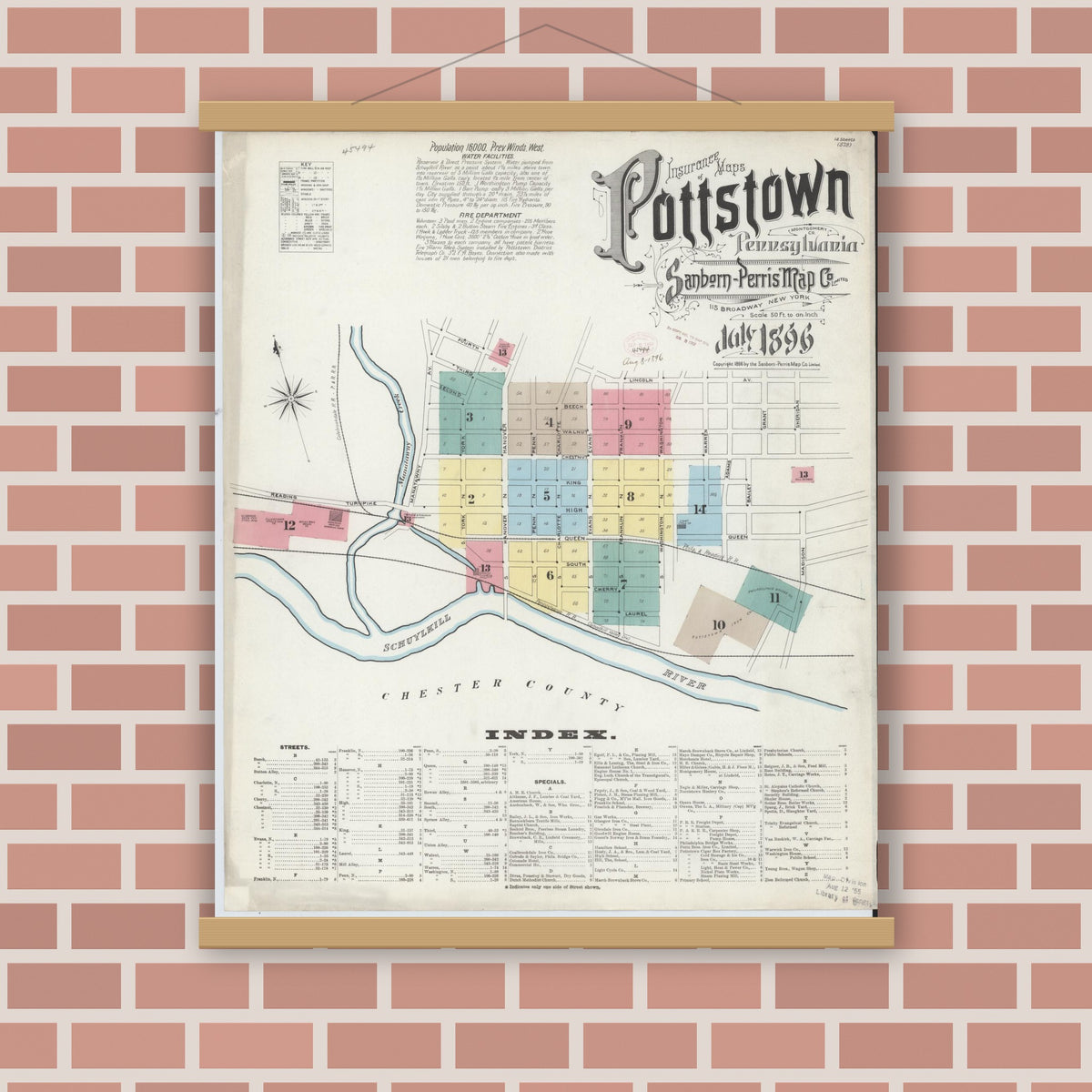 Old map wall art mockup — magnetic wood frame on brick wall — Sanborn Fire Insurance Map from Pottstown, Montgomery County, Pennsylvania (1896), Sheet #0001