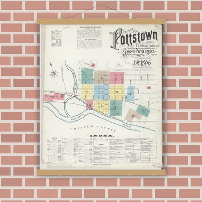 Old map wall art mockup — magnetic wood frame on brick wall — Sanborn Fire Insurance Map from Pottstown, Montgomery County, Pennsylvania (1896), Sheet #0001