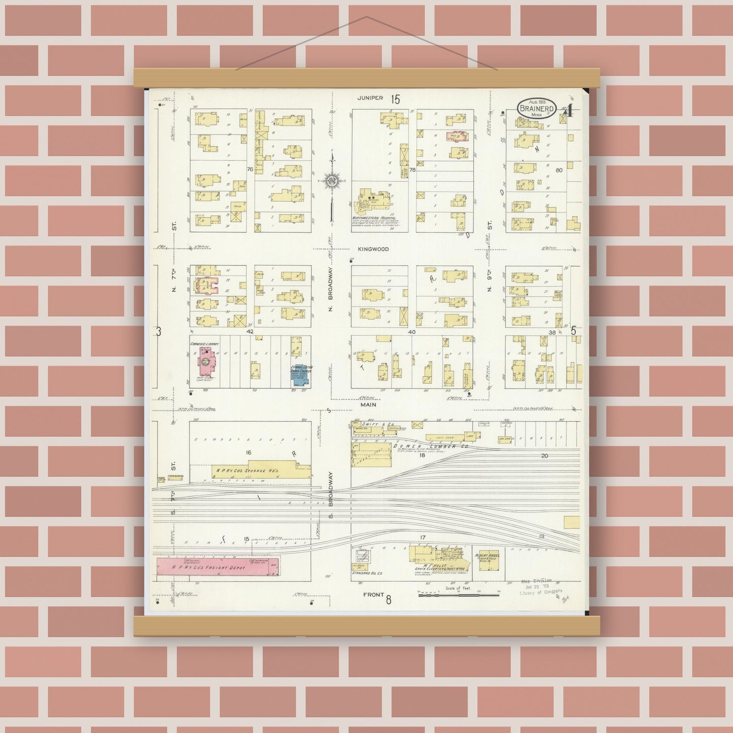 Old map wall art mockup — magnetic wood frame on brick wall — Sanborn Fire Insurance Map from Brainerd, Crow Wing County, Minnesota (1913), Sheet #0004