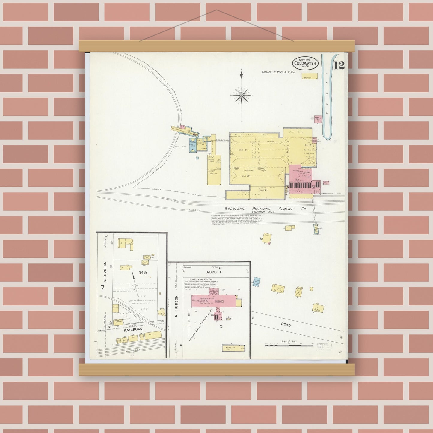 Old map wall art mockup — magnetic wood frame on brick wall — Sanborn Fire Insurance Map from Coldwater, Branch County, Michigan (1908), Sheet #0012