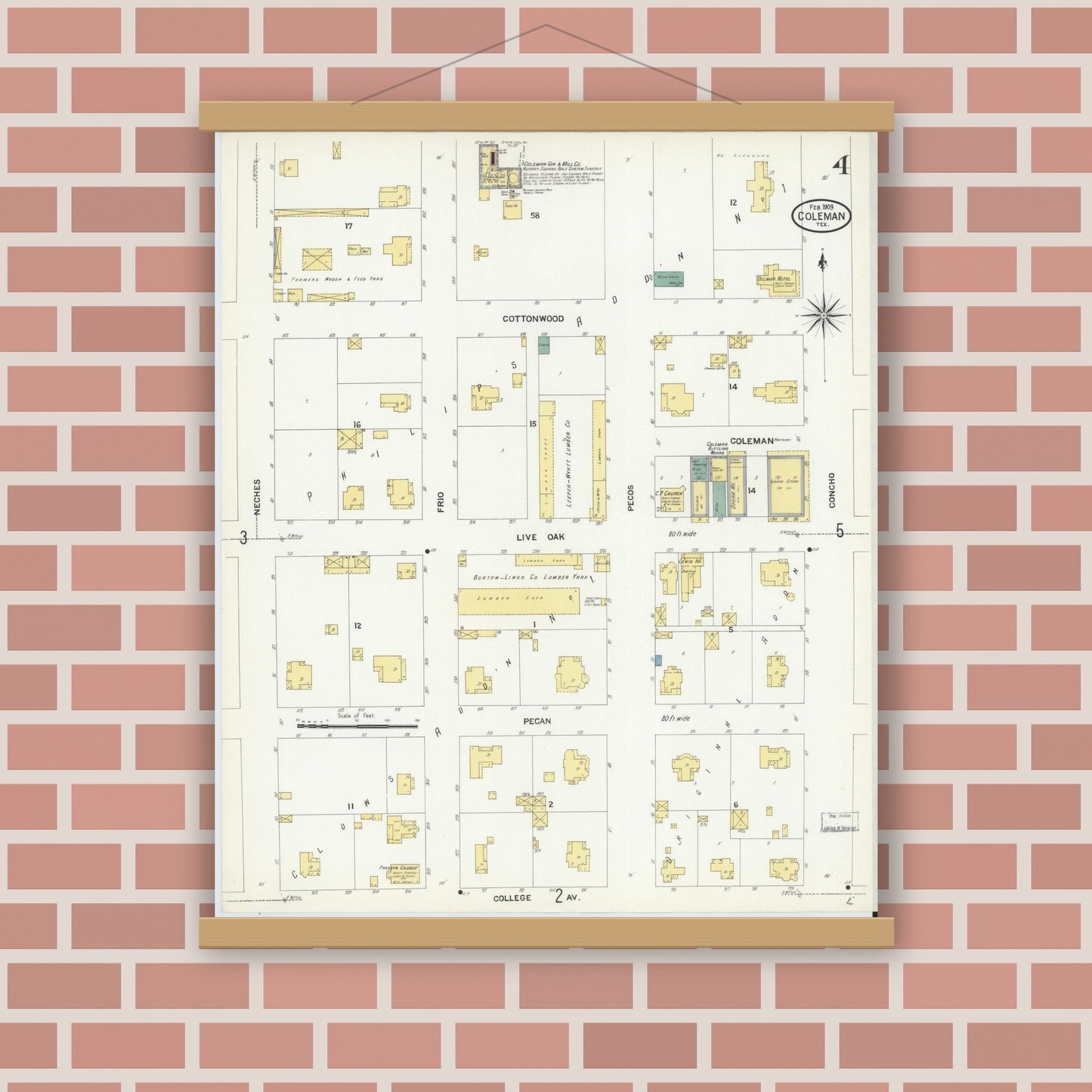 Old map wall art mockup — magnetic wood frame on brick wall — Sanborn Fire Insurance Map from Coleman, Coleman County, Texas (1909), Sheet #0004