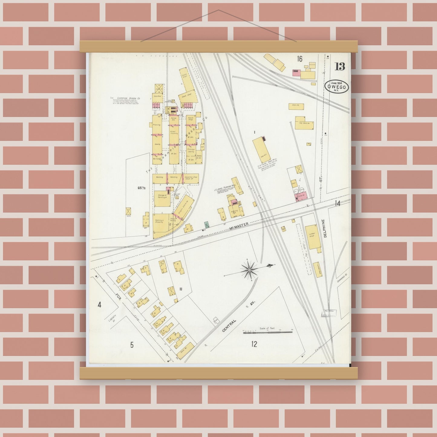 Old map wall art mockup — magnetic wood frame on brick wall — Sanborn Fire Insurance Map from Owego, Tioga County, New York (1904), Sheet #0013