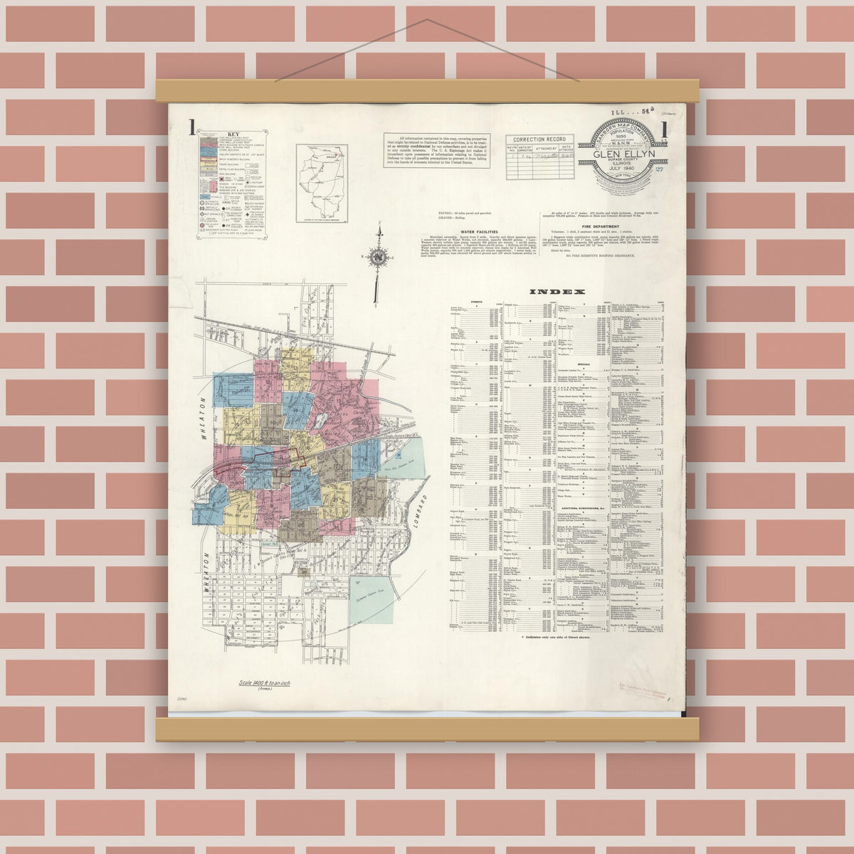 Old map wall art mockup — magnetic wood frame on brick wall — Sanborn Fire Insurance Map from Glen Ellyn, Du Page County, Illinois (1946) - Complete Map Set