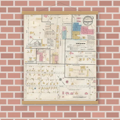 Old map wall art mockup — magnetic wood frame on brick wall — Sanborn Fire Insurance Map from Bridgewater, Rockingham County, Virginia (1917), Sheet #0001